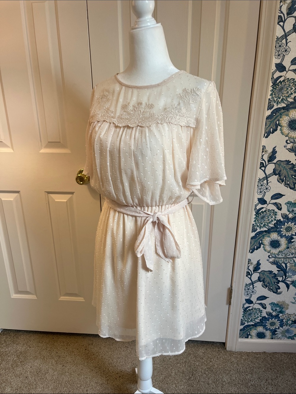entro Cream Swiss-Dot Lace Yoke Mini Dress